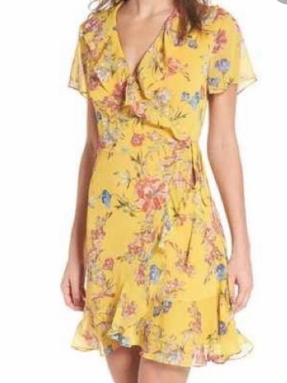Lush Yellow Floral Wrap Dress with Ruffle Hem